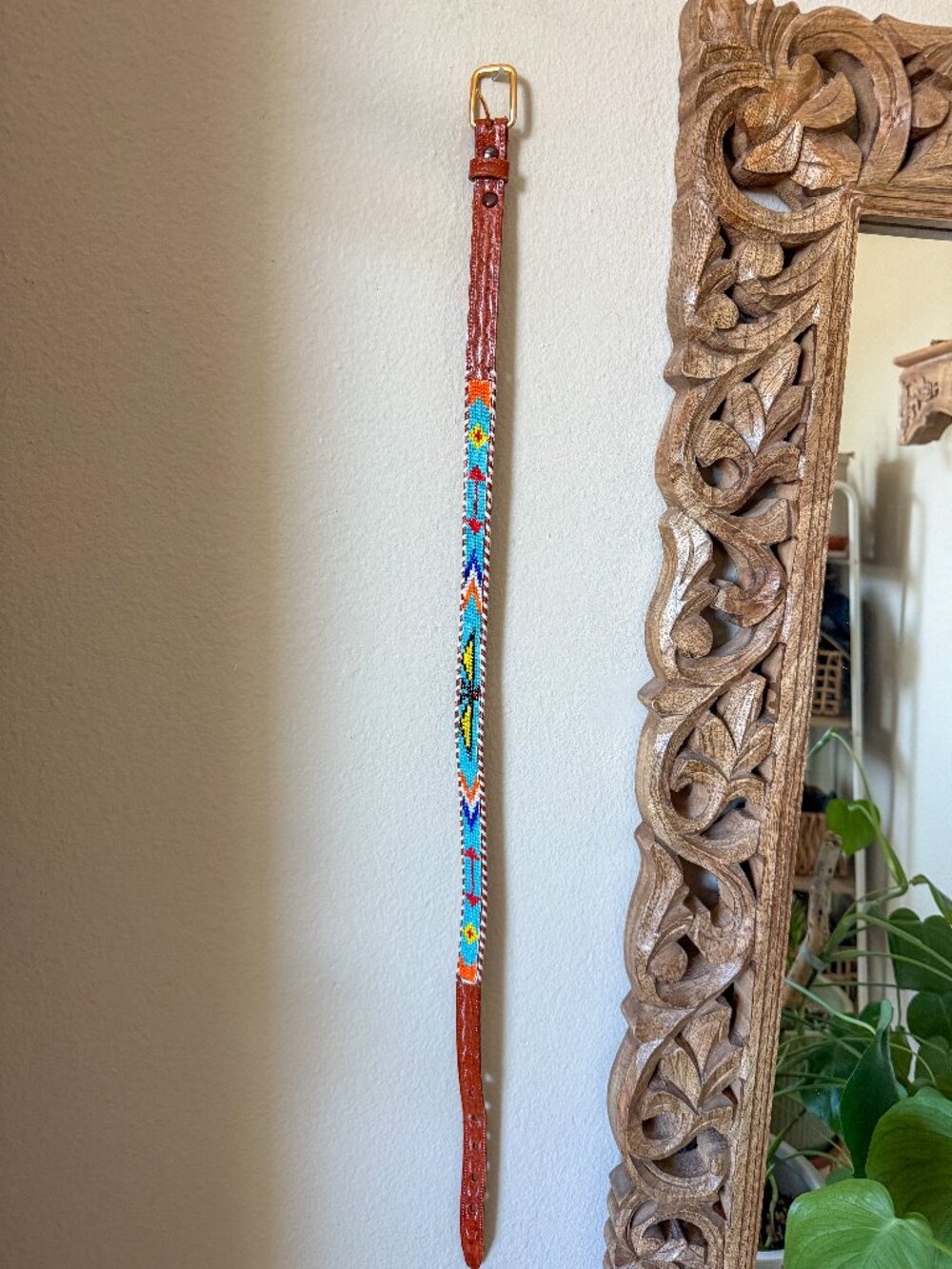 Beaded Leather Belt Southwest Thunderbird 28 inches
